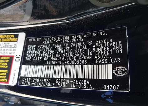 2019 Toyota Avalon Touring z USA, uszkodzony, nr VIN 4T1BZ1FB4KU009885